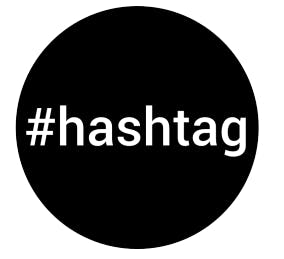 Black circle that says #hashtag in the middle