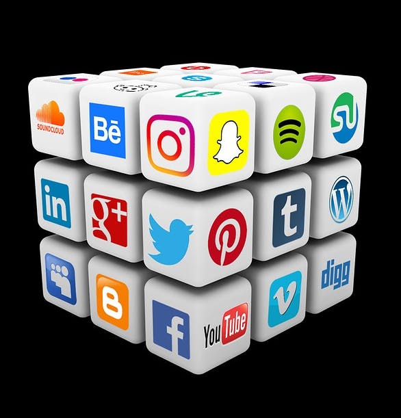 A cube that consists of smaller blocks that has popular plattform logos on each side e.g. facebook, twitter, snapchat and instagram